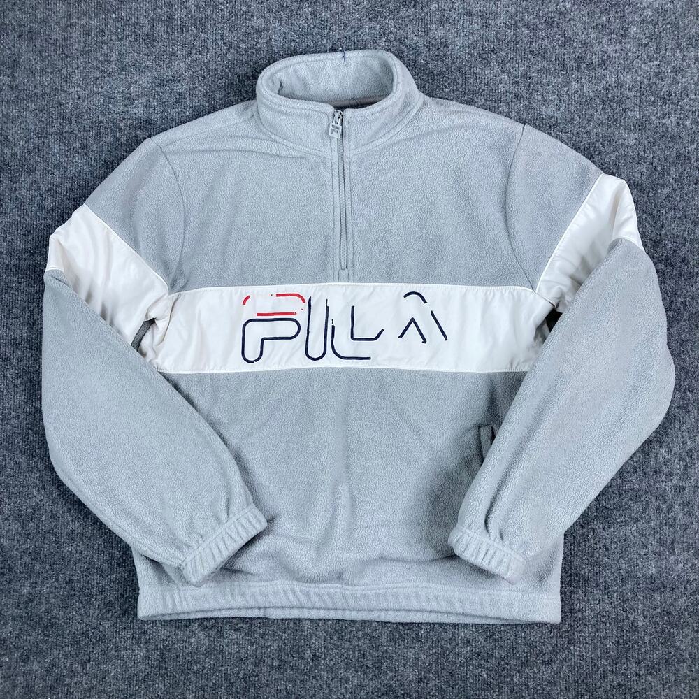 FILA‎ Pullover Mens Size M Gray Fleece Quarter Zip Logo Spellout Retro Style
